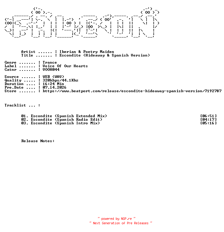NFO for the release Iberian_And_Poetry_Maiden-Escondite_Hideaway_And_Spanish_Version-(VOOH044)-WEB-2026-FALCON by FALCON