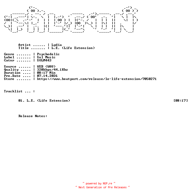 NFO for the release Lydia-L.E._Life_Extension-(SOLM443)-SINGLE-WEB-2026-FALCON by FALCON