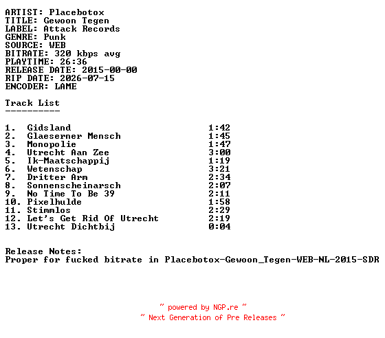 NFO for the release Placebotox-Gewoon_Tegen-WEB-PROPER-NL-2015-SDR by SDR