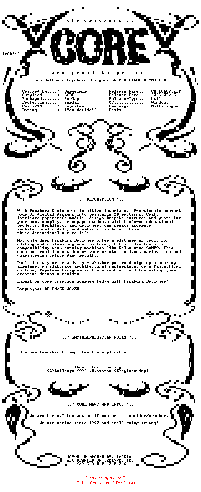 NFO for the release Tama.Software.Pepakura.Designer.v6.2.8.x64.Multilingual.Incl.Keymaker-CORE by CORE