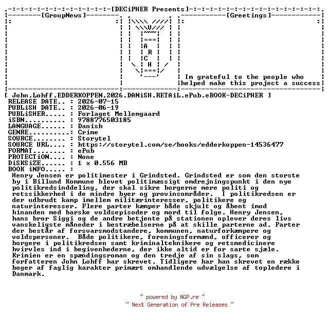 NFO for the release John.Lohff.Edderkoppen.2026.DANiSH.RETAiL.ePub.eBOOK-DECiPHER by DECiPHER