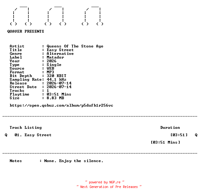NFO for the release Queens_Of_The_Stone_Age-Easy_Street-SINGLE-WEB-2026-QUAVER by QUAVER