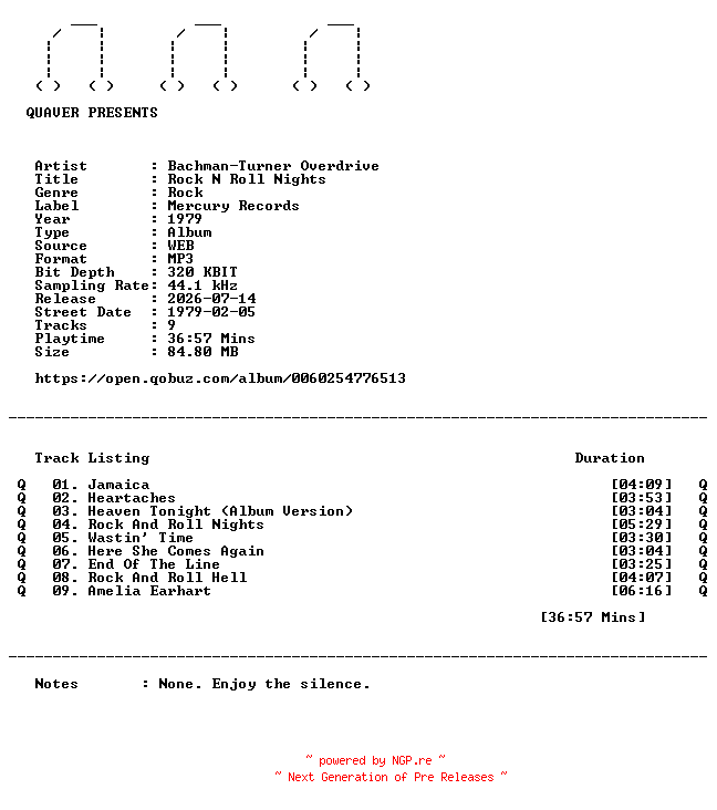 NFO for the release Bachman-Turner_Overdrive-Rock_N_Roll_Nights-WEB-1979-QUAVER_iNT by QUAVER_iNT
