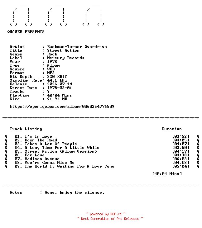 NFO for the release Bachman-Turner_Overdrive-Street_Action-WEB-1978-QUAVER_iNT by QUAVER_iNT