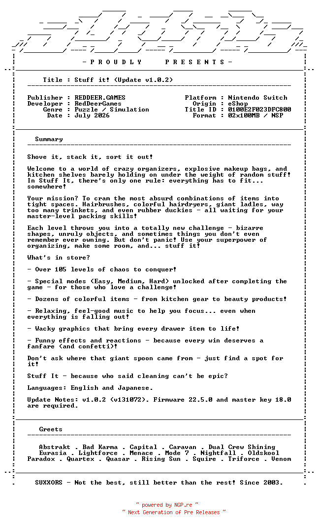 NFO for the release Stuff_it_Update_v1.0.2_NSW-SUXXORS by SUXXORS