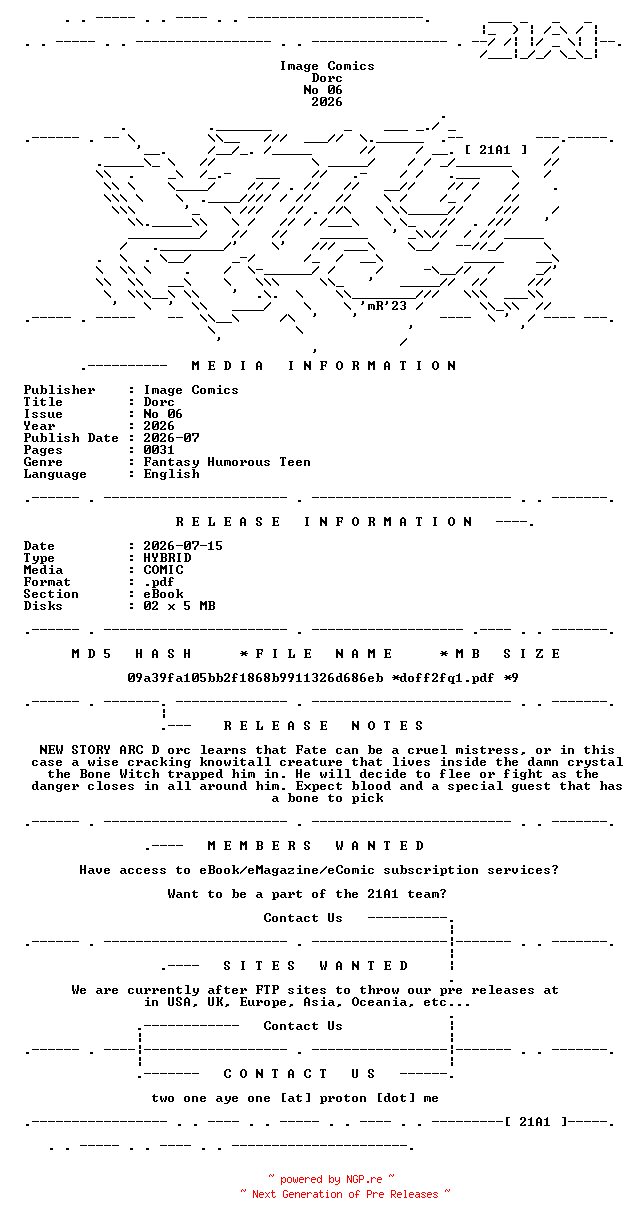 NFO for the release Image.Comics.-.Dorc.No.06.2026.HYBRID.COMIC.eBook-21A1 by 21A1