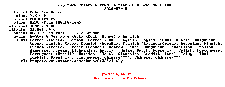 NFO for the release Lucky.2026.S01E02.GERMAN.DL.2160p.WEB.h265-SAUERKRAUT by SAUERKRAUT