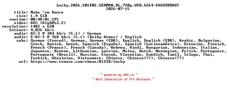 NFO for the release Lucky.2026.S01E02.GERMAN.DL.720p.WEB.h264-SAUERKRAUT by SAUERKRAUT