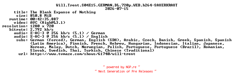 NFO for the release Will.Trent.S04E15.GERMAN.DL.720p.WEB.h264-SAUERKRAUT by SAUERKRAUT
