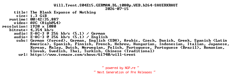 NFO for the release Will.Trent.S04E15.GERMAN.DL.1080p.WEB.h264-SAUERKRAUT by SAUERKRAUT