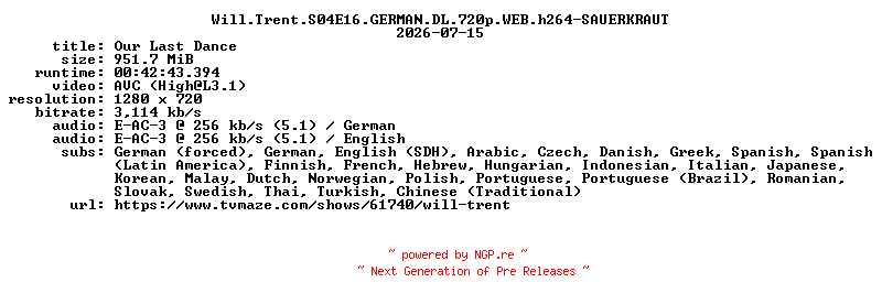 NFO for the release Will.Trent.S04E16.GERMAN.DL.720p.WEB.h264-SAUERKRAUT by SAUERKRAUT