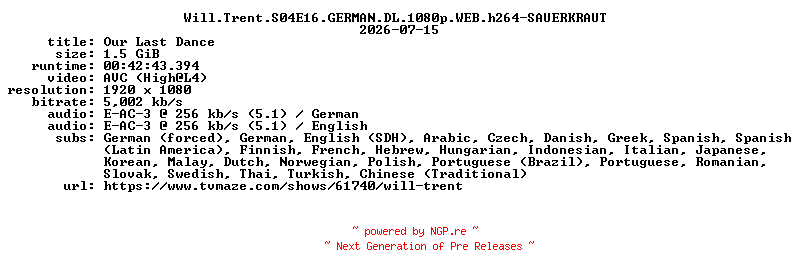 NFO for the release Will.Trent.S04E16.GERMAN.DL.1080p.WEB.h264-SAUERKRAUT by SAUERKRAUT