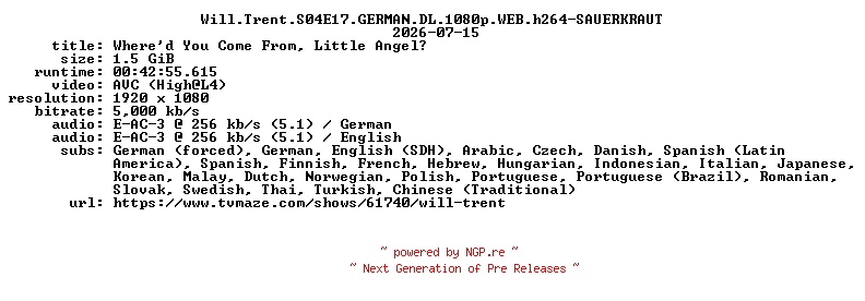 NFO for the release Will.Trent.S04E17.GERMAN.DL.1080p.WEB.h264-SAUERKRAUT by SAUERKRAUT