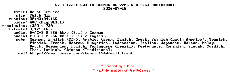 NFO for the release Will.Trent.S04E18.GERMAN.DL.720p.WEB.h264-SAUERKRAUT by SAUERKRAUT