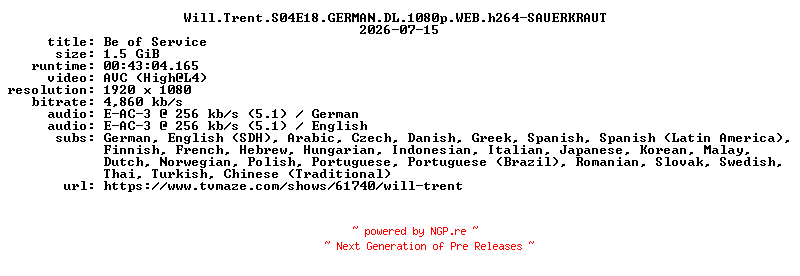 NFO for the release Will.Trent.S04E18.GERMAN.DL.1080p.WEB.h264-SAUERKRAUT by SAUERKRAUT