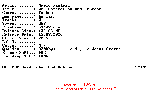 NFO for the release Mario_Ranieri-002_Hardtechno_And_Schranz-WEB-2025-XTC_iNT by XTC_iNT