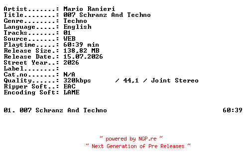 NFO for the release Mario_Ranieri-007_Schranz_And_Techno-WEB-2026-XTC_iNT by XTC_iNT