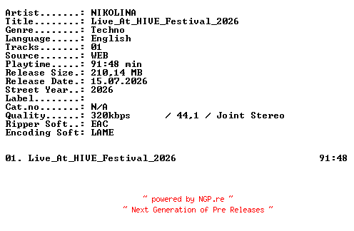 NFO for the release NIKOLINA-Live_At_HIVE_Festival_2026-WEB-2026-XTC_iNT by XTC_iNT