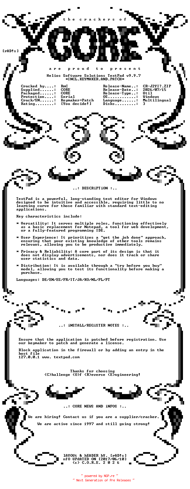 NFO for the release Helios.Software.Solutions.TextPad.v9.9.7.ARM64.Multilingual.Incl.Keymaker.and.Patch-CORE by CORE
