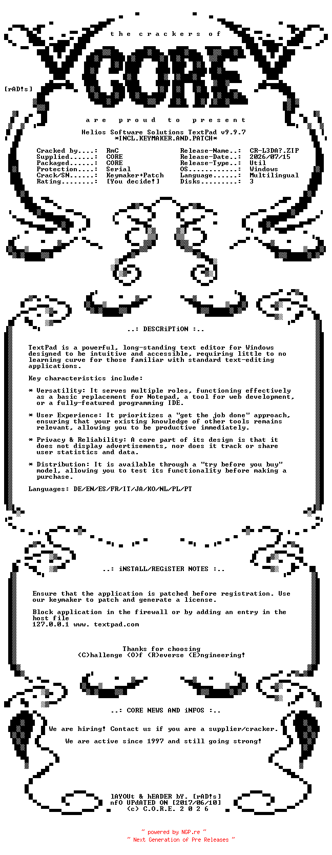 NFO for the release Helios.Software.Solutions.TextPad.v9.9.7.x64.Multilingual.Incl.Keymaker.and.Patch-CORE by CORE