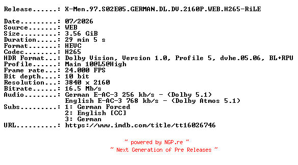 NFO for the release X-Men.97.S02E05.GERMAN.DL.DV.2160P.WEB.H265-RiLE by RiLE
