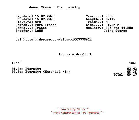 NFO for the release Jonas_Steur_-_For_Eternity-(PURETRANCE367)-WEB-2026-FMC by FMC