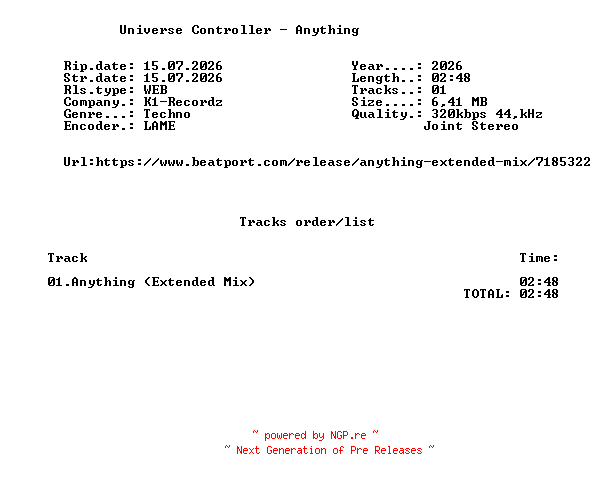 NFO for the release Universe_Controller_-_Anything-(K1R376)-SINGLE-WEB-2026-FMC by FMC