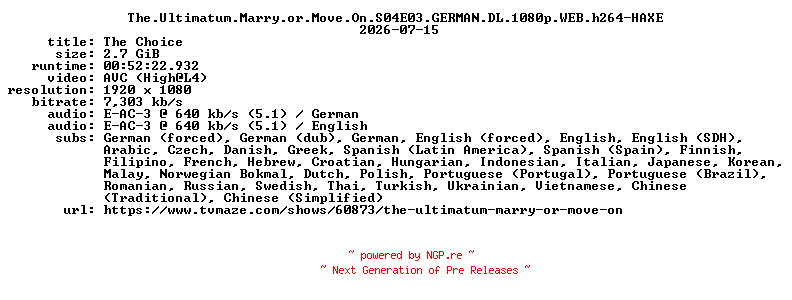 NFO for the release The.Ultimatum.Marry.or.Move.On.S04E03.GERMAN.DL.1080p.WEB.h264-HAXE by HAXE