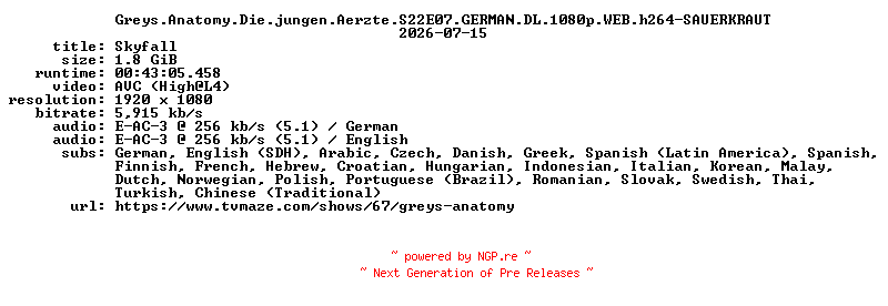 NFO for the release Greys.Anatomy.Die.jungen.Aerzte.S22E07.GERMAN.DL.1080p.WEB.h264-SAUERKRAUT by SAUERKRAUT
