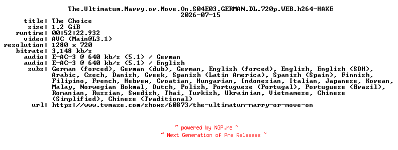 NFO for the release The.Ultimatum.Marry.or.Move.On.S04E03.GERMAN.DL.720p.WEB.h264-HAXE by HAXE