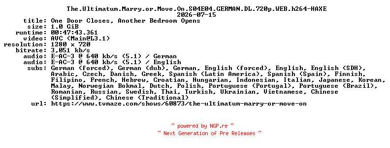 NFO for the release The.Ultimatum.Marry.or.Move.On.S04E04.GERMAN.DL.720p.WEB.h264-HAXE by HAXE