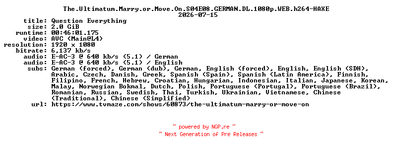 NFO for the release The.Ultimatum.Marry.or.Move.On.S04E08.GERMAN.DL.1080p.WEB.h264-HAXE by HAXE