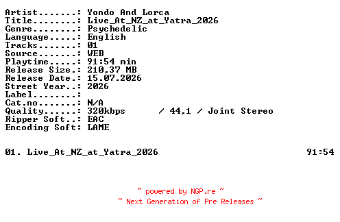 NFO for the release Yondo_And_Lorca-Live_At_NZ_at_Yatra_2026-WEB-2026-XTC_iNT by XTC_iNT