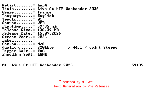 NFO for the release Lab4-Live_At_HTE_Weekender_2026-WEB-2026-XTC_iNT by XTC_iNT