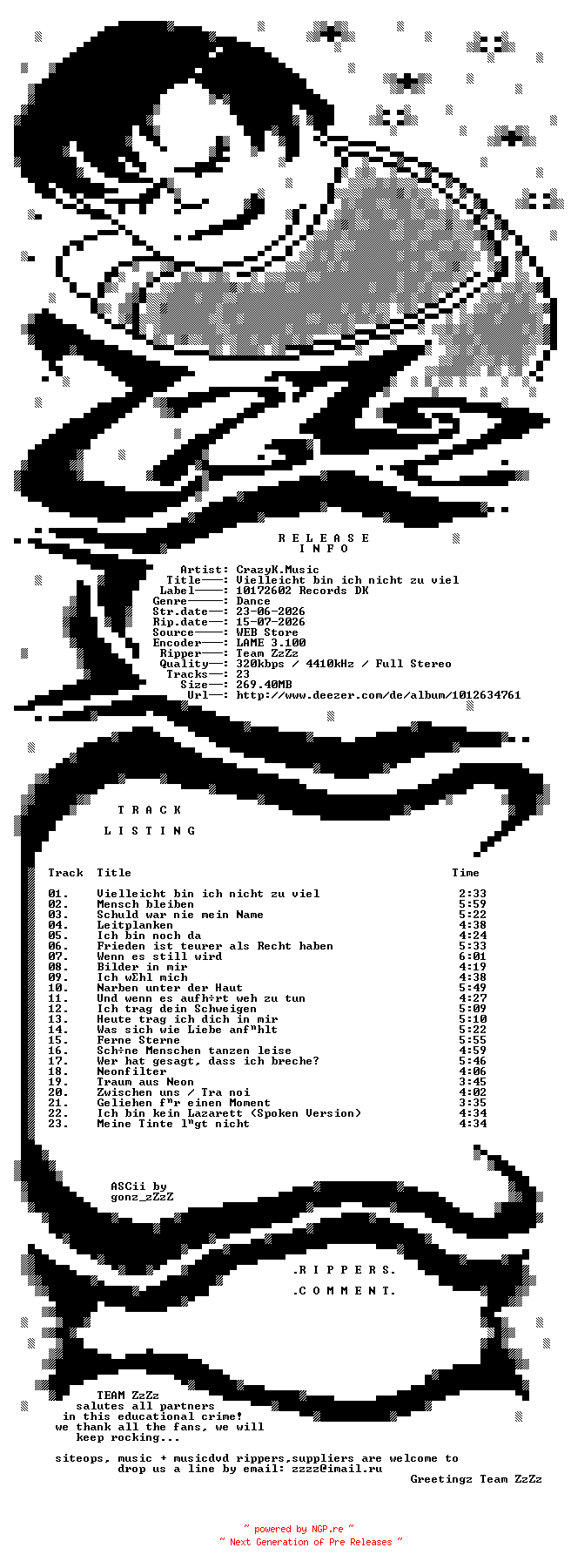 NFO for the release Crazykmusic_-_Vielleicht_Bin_Ich_Nicht_Zu_viel-WEB-DE-2026-ZzZz by ZzZz
