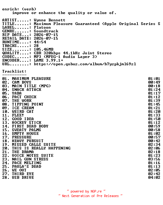 NFO for the release Wynne_Bennett-Maximum_Pleasure_Guaranteed_(Apple_Original_Series_Soundtrack)-OST-WEB-2026-ENRiCH by ENRiCH