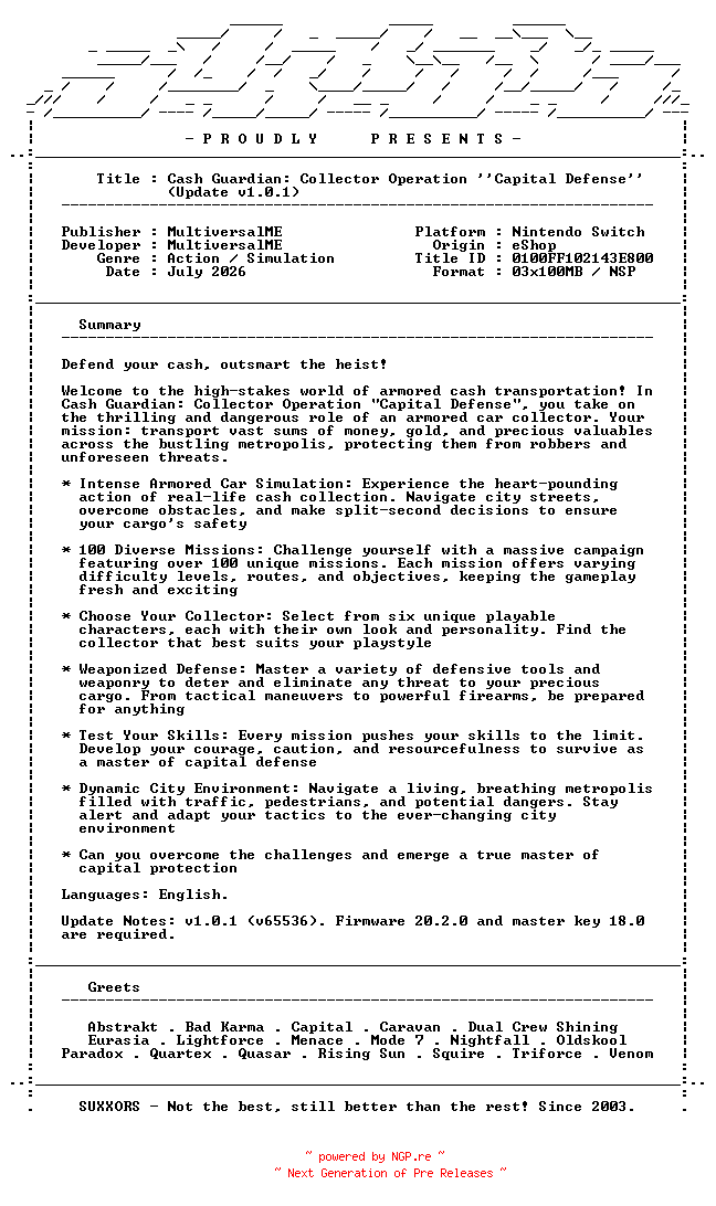 NFO for the release Cash_Guardian_Collector_Operation_Capital_Defense_Update_v1.0.1_NSW-SUXXORS by SUXXORS