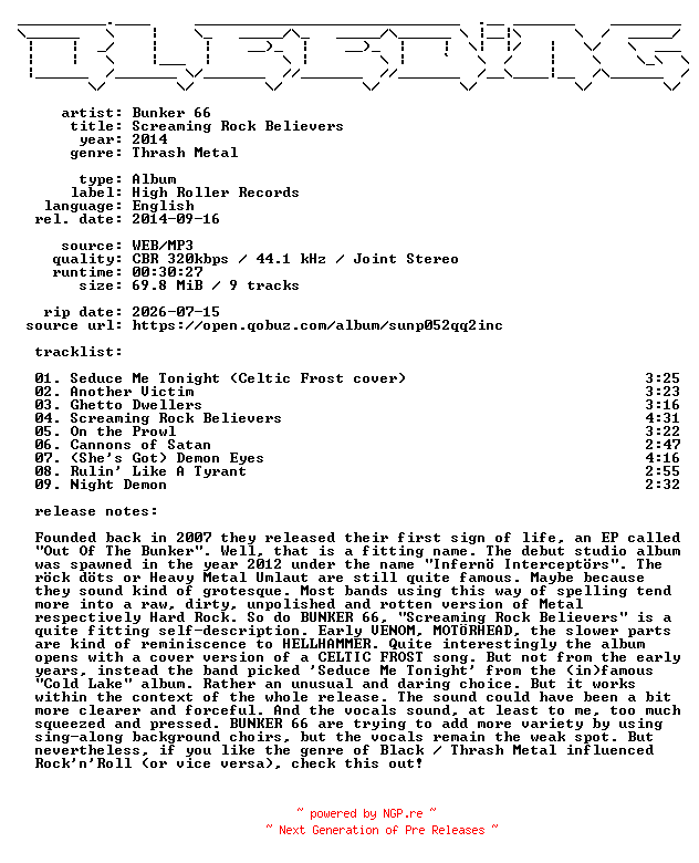 NFO for the release Bunker_66-Screaming_Rock_Believers-WEB-2014-BLEEDiNG by BLEEDiNG