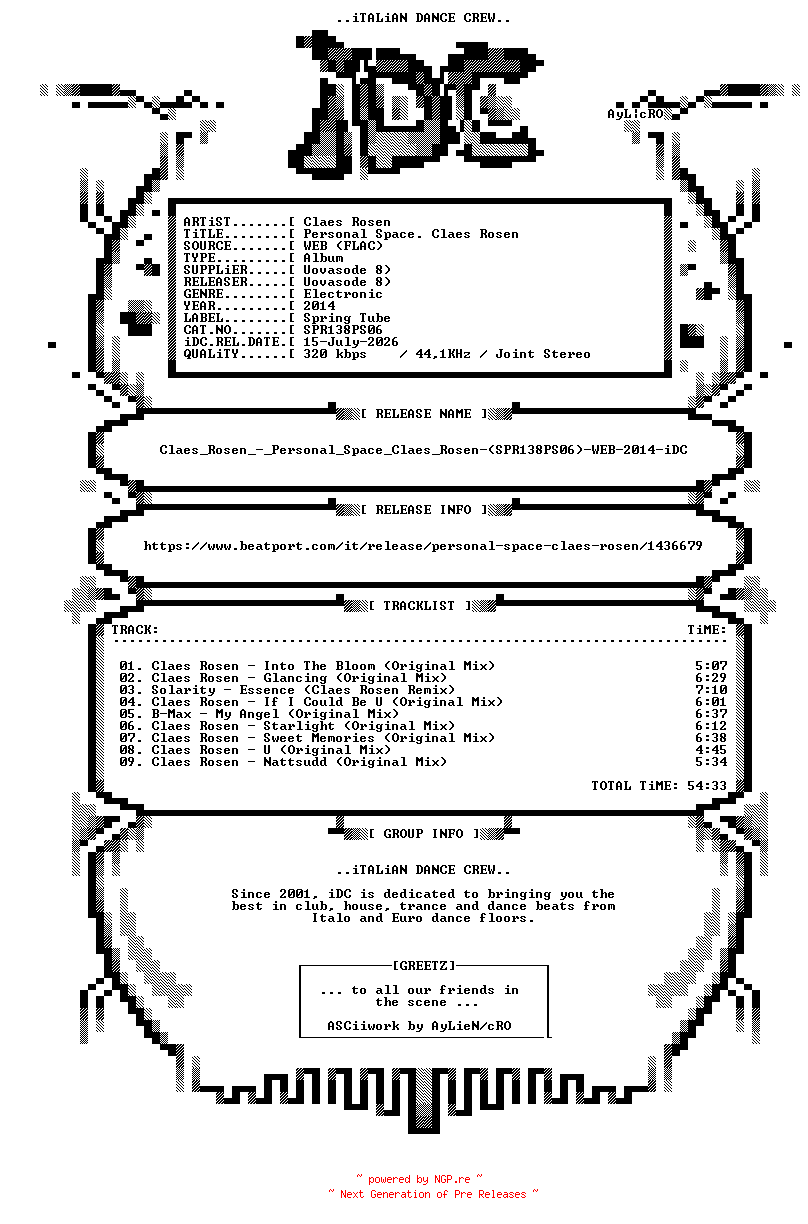 NFO for the release Claes_Rosen_-_Personal_Space_Claes_Rosen-(SPR138PS06)-WEB-2014-iDC by iDC