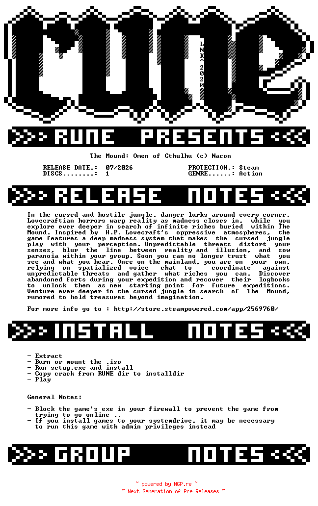 NFO for the release The.Mound.Omen.of.Cthulhu-RUNE by RUNE