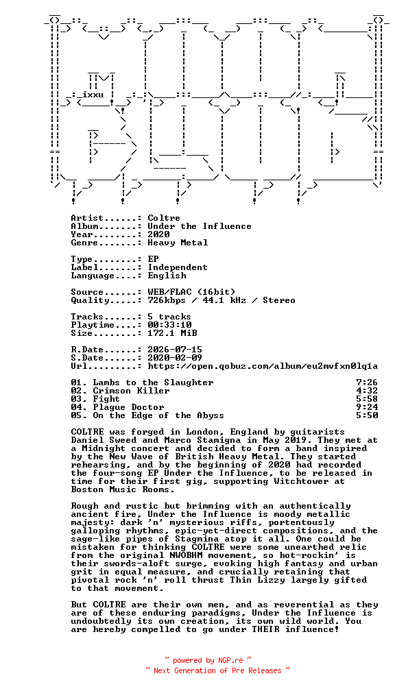 NFO for the release Coltre-Under_the_Influence-EP-16BIT-WEB-FLAC-2020-MOONBLOOD by MOONBLOOD