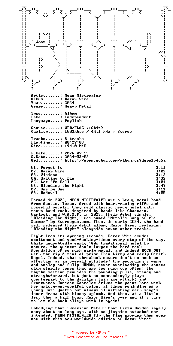 NFO for the release Mean_Mistreater-Razor_Wire-16BIT-WEB-FLAC-2024-MOONBLOOD by MOONBLOOD