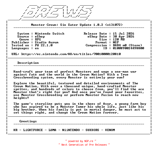 NFO for the release Monster_Crown_Sin_Eater_Update_v1.0.2_NSW-BREWS by BREWS