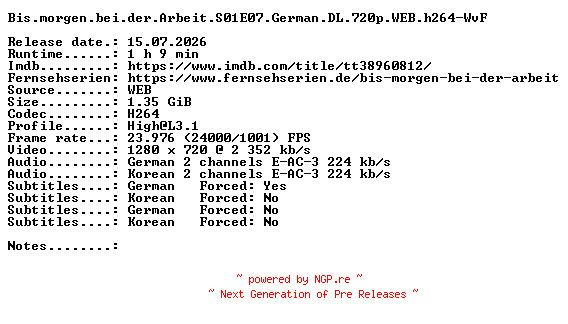 NFO for the release Bis.morgen.bei.der.Arbeit.S01E07.German.DL.720p.WEB.h264-WvF by WvF