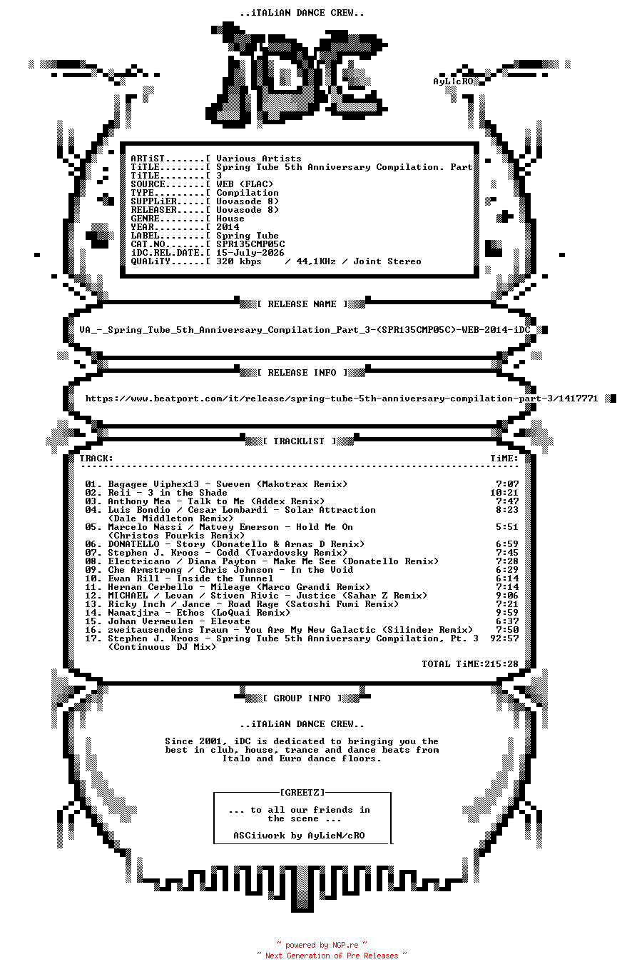 NFO for the release VA_-_Spring_Tube_5th_Anniversary_Compilation_Part_3-(SPR135CMP05C)-WEB-2014-iDC by iDC