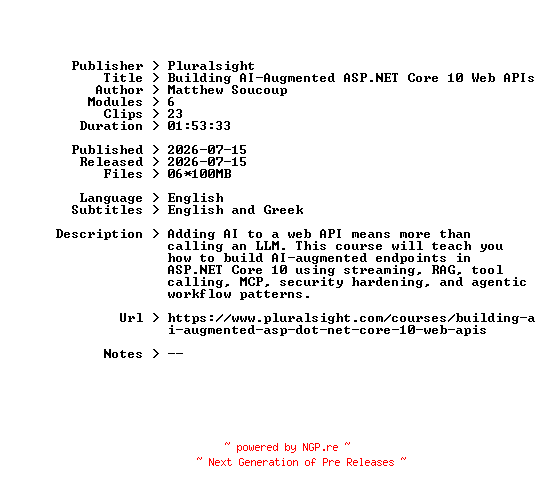 NFO for the release Pluralsight.Building.AI-Augmented.ASP.NET.Core.10.Web.APIs.2026.BOOKWARE-GETH by GETH