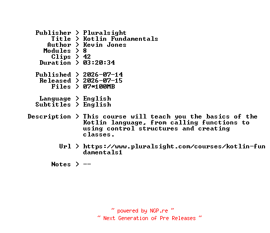 NFO for the release Pluralsight.Kotlin.Fundamentals.2026.BOOKWARE-GETH by GETH