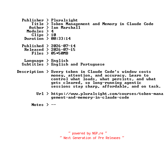 NFO for the release Pluralsight.Token.Management.and.Memory.in.Claude.Code.2026.BOOKWARE-GETH by GETH