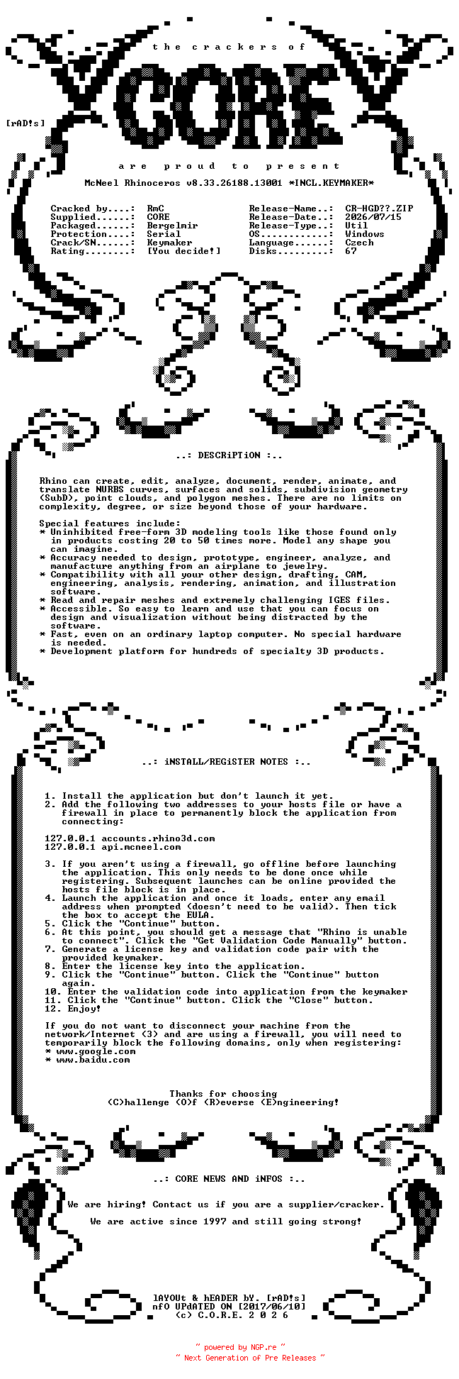 NFO for the release McNeel.Rhinoceros.v8.33.26188.13001.x64.Czech.Incl.Keymaker-CORE by CORE