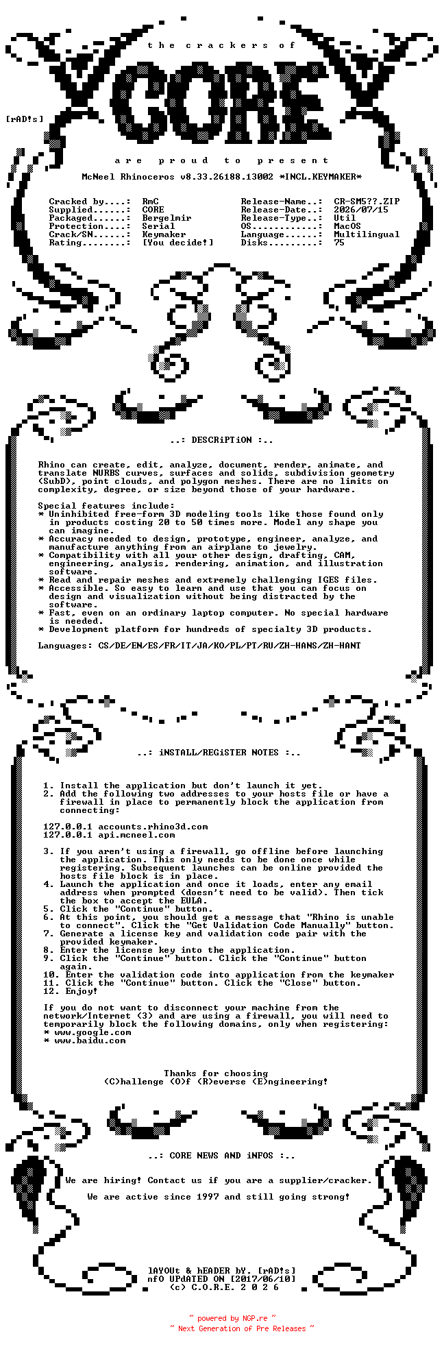 NFO for the release McNeel.Rhinoceros.v8.33.26188.13002.MacOS.UB.Multilingual.Incl.Keymaker-CORE by CORE